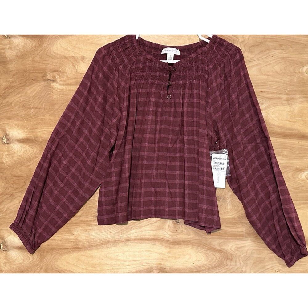 NWT Treasure Bond Womens Top Small Boho Red Peasant Check Blouse Nordstrom